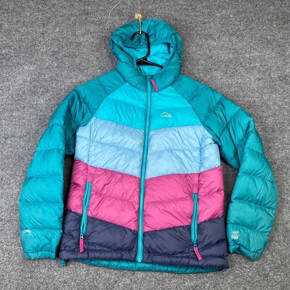 LL Bean Kids M 10-12 Ultralight 650 Down Hooded Jacket Colorblock Puffer Teal